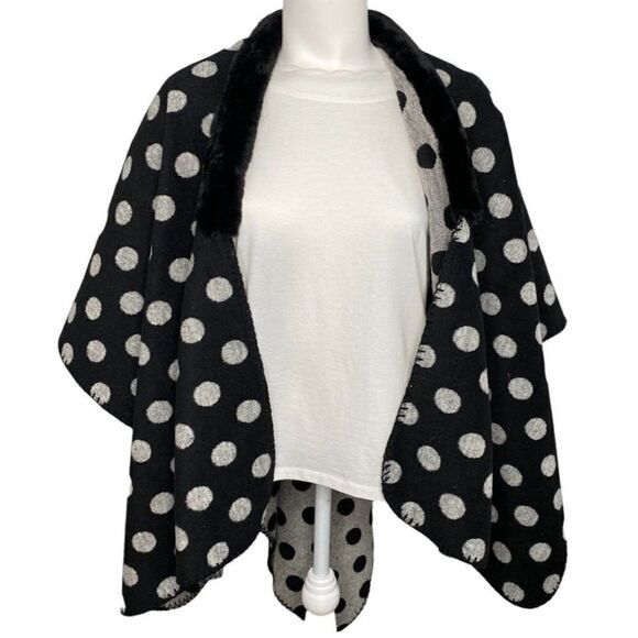 LOFT Cardigan Wrap Shawl MEDIUM Black Gray Polka Dots Faux-Fur Collar Draped‎ - Picture 1 of 7